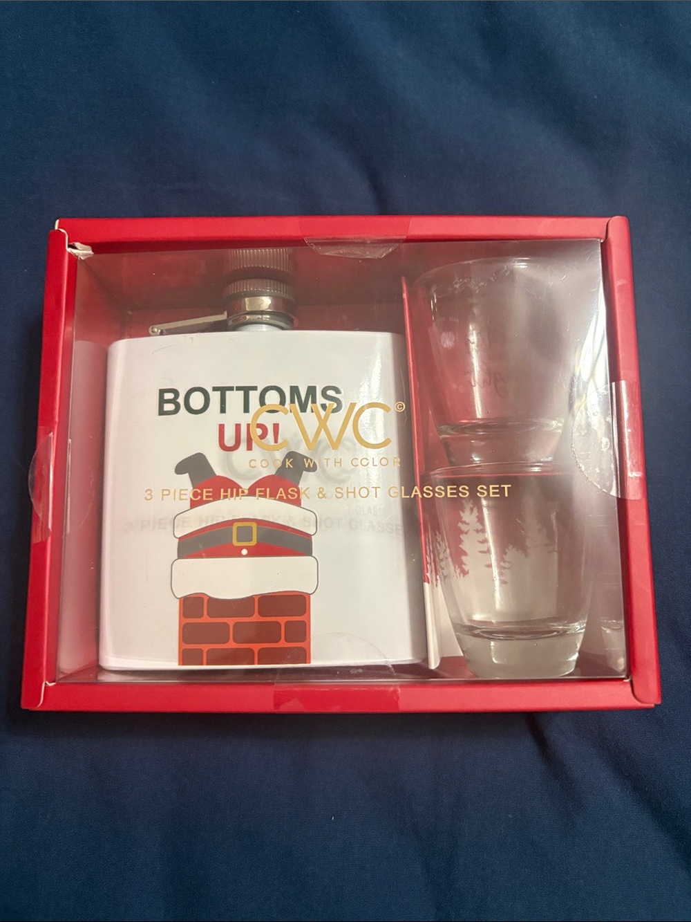 Bottoms Up White Holiday Flask & Shot Glass Set